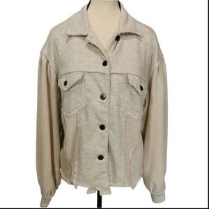 POL French Terry Puff Sleeve Oversized Shacket in Cream - Sz S